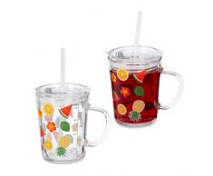 Relaxdays Set de 2 Vasos Infantiles, DiseÃ±o Frutas, Jarrita Agua NiÃ±os, con Asa, Tapa y Pajita, 400 ml, Transparente, Vidrio PlÃ¡stico Silicona