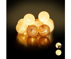 Relaxdays Guirnalda Luces con 10 Bolas LED a Pilas, Algodón-Poliestireno, Blanco-Gris-marrón, 6 cm de diámetro