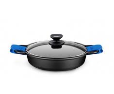 Monix Solid Cacerola Baja, Tapa de Cristal y Asas de Silicona, 2 litros, Aluminio, Negro y Azul