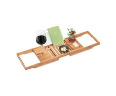 Relaxdays Bandeja Bañera, Bambú, 70-105 cm Extensible, Soporte Libros y Copa de Vino, Mesa Desayuno Cama, Natural/Blanco, 80% Hierro 10% poliéster