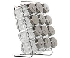 DRW Set de 12 especieros de Cristal y Acero Inoxidable con Soporte de Metal 14 x 15 x 22 cm Botes 4 x 9.5 cm