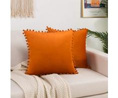 Elegant Comfort POMS - Juego de 2 Fundas de Almohada cuadradas Decorativas de Terciopelo Suave y sÃ³lido para sofÃ¡, Cama, Sala de Estar, 18 x 18 Pulgadas, Color Naranja