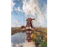 Gabriel Windmill Polder Waterway Month July Painting Premium Wall Art Canvas Print 18X24 Inch Agua Pintura pared