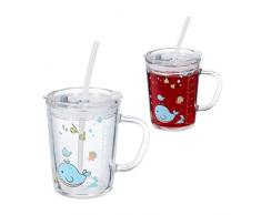 Relaxdays Set de 2 Vasos Infantiles, DiseÃ±o Ballena, Jarrita Agua NiÃ±os, con Asa, Tapa y Pajita, 400 ml, Transparente