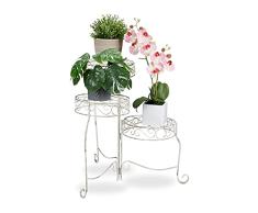 Relaxdays Escalera 3 estantes Redondos, Soporte para Flores de Metal, Estilo rÃºstico, Altura de 55 cm, Plegable, Color Blanco, 100% Acero