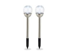 Relaxdays Set de 2 Luces Solares Exterior, Antorchas LED JardÃ­n Redondas, Luz Blanca, con Estaca, Impermeables, Plateado