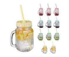 Relaxdays Jarras con Tapa y Pajita, Set de 12 Jarritas Limonada, 500 ml, Vasos Retro Veraniegos con Asa, Multicolor