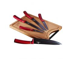 Berlinger Haus Burgundy Juego 5 Cuchillos Cocina Profesional Tabla Cortar Bambú, Hoja Acero Inoxidable Recubrimiento Antiadherente, Cocinero, Cebollero, Pan, Rebanador, Pelar, Diseño Metallic Line
