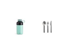 Lékué Botella isotérmica de Acero Inoxidable, Turquesa, 300 ml & Juego de cubiertos para llevar, Acero Inoxidable