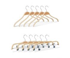 Relaxdays Pack de 10 Perchas Ropa con Pinzas y Antideslizantes, Madera, Beige, 40 cm