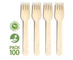 Juego de 100 Tenedores Desechables de Madera Natural, 100% Biodegradables y Compostables. Cubiertos Descartables EcolÃ³gicos. 16 cm Tenedor Reutilizable de Madera