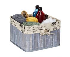 Relaxdays 20 x 31 x 31 cm Almacenamiento Bambú y Poliéster, Cesta con Asa Redonda, Caja EstanterÃa, Gris y Crema
