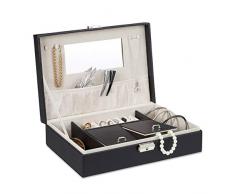Relaxdays Caja Joyero Rectangular con Llave y Espejo, Piel Sintética, Negro, 8 x 28 x 19,5 cm
