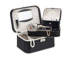 Relaxdays Caja Joyero Grande con Espejo Y Llave, Piel Sintética, Negro, 11 X 22 X 16.5 Cm