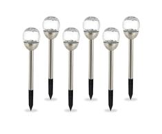 Relaxdays Set de 6 Luces Solares Exterior, Antorchas LED JardÃ­n Redondas, Luz Blanca, con Estaca, Impermeables, Plateado