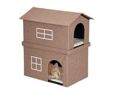 Relaxdays Casa Cueva Gato 2 Plantas, Casita con Tejado y Ventanas MDF, 2 Cojines Mullidos, 71,5 x 62 x 44 cm, Marrón