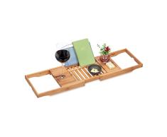 Relaxdays Bandeja Bañera, Bambú, 70-105 cm Extensible, Soporte Libros y Copa de Vino, Mesa Desayuno Cama, Natural/Gris, 80% Hierro 10% poliéster
