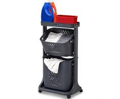 Shally Dogan Carrito de lavanderÃ­a con ruedas, 2 estantes multifunciÃ³n, carrito de ahorro de espacio, con cesta de ropa extraÃ­ble, cesta basculante, estante de almacenamiento superior (gris)