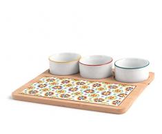H&H Mix&Match - Juego de 4 unidades, con copas de porcelana decorada, 9 cm, una bandeja de bambÃº, multicolor