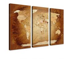 LanaKK mapamundi con corcho para fijar los destinos - Lámina sobre bastidor camilla en marrón, enmarcado en tres partes, 120 x 80 cm, español