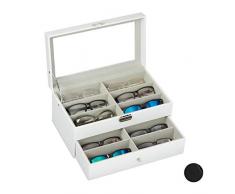 Relaxdays Caja Gafas con 12 Compartimentos, Organizador, 1 Ud, Cuero Sintético-Cristal, 15,5 x 33,5 x 19 cm, Blanco