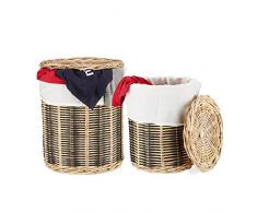 Relaxdays Cesto Ropa Sucia con Tapa Redondo, Junco-Tela, Beige-Negro, 2 Unidades