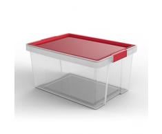 Tatay Caja Almacenaje Multiusos con Tapa, 35L de Capacidad, con Asas, Tapa PP Reciclada, Transparente, Libre de BPA, Rojo. Medidas 37 x 51 x 26 cm