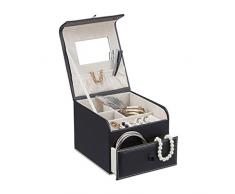 Relaxdays Caja Joyero Vintage con Espejo y Cajón, Piel Sintética, Negro, 12 x 14.5 x 17.5 cm