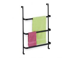 Relaxdays Toallero para Puerta 3 Barras, sin Taladrar, con 2 Ganchos, 85 x 54,5 x 15 cm, Colgador Toallas, Acero, Negro, 100%
