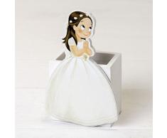 Mopec Portalápices Niña Comunión Vestido Largo, Madera, Blanco, 4.4x7x11 cm