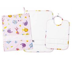 FILET - Set JardÃ­n de Infancia Tres Piezas Con Tela Aida para Bordar, Compuesto de Bolsa, Toalla y Babero de Esponja Blanca, 100% AlgodÃ³n, Made in Italy, FantasÃ­a Letras y Animales Fondo Rosa