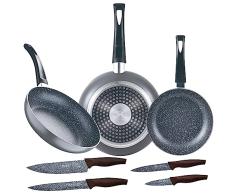 Set 3pc sarten (16+20+24cm) aluminio prensado, inducciÃ³n, negra Soul Marble con Set 4pc cuchillos acero inoxidable