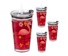 Relaxdays Set de 4 Vasos Infantiles, Diseño Flamenco, Tapa y Pajita, 450 ml, Vaso Cristal Niños, Smoothie, Transparente