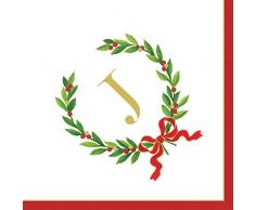 Caspari Entertaining con corona de laurel de Navidad Monogram inicial J papel servilletas de cóctel, color blanco, Pack de 30