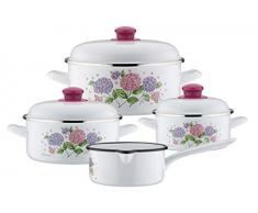 GSW 189989 Hortensie - Batería de cocina (7 piezas, acero esmaltado, plástico), color blanco