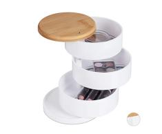 Relaxdays Organizador de maquillaje redondo 3 niveles giratorios para cosméticos y joyas, tapa de bambú de plástico, caja de maquillaje, color blanco