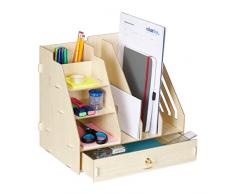 Relaxdays Organizador Escritorio 3 Compartimentos A4, 3 Baldas, 2 Portalápices, 1 Cajón, Oficina, MDF, Marrón Claro, 100% Tablero de Fibra, 29,5 x 33 x 24 cm