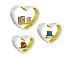 Relaxdays Juego de Estantes Flotantes en Forma de Corazón, Madera MDF, Blanco y Amarillo, 10x40x33 cm, 3 Unidades