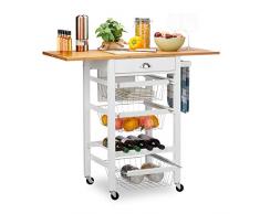 Relaxdays Carrito Cocina, Encimera Plegable, 3 Cestos y Bloque de Cuchillos, DM, Bambú y Acero, Blanco, 89 x 60 x 49 cm