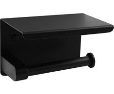 Cornat Portarrollos de Papel higiÃ©nico con Estante (143 x 100 mm, 2 Diferentes Opciones de Montaje con Almohadilla Adhesiva y perforaciÃ³n), Color Negro Mate, Acero aleado, 143 x 100 x 95 mm