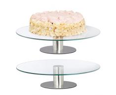 Relaxdays 2 Platos Giratorio de Cristal para Tartas, Soporte Pasteles, Cupcakes, Expositor Pie Acero, 30cm, Transparente, 90% Vidrio 10% Inoxidable