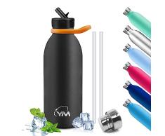KollyKolla Botella Agua Acero Inoxidable niños, Botella Termica 500ml, Libre BPA, Cantimplora Termica Doble Pared, Botella Termo con 2 Tapones, Botellas Agua Niños Colegio para Niños Adulto Ciclismo