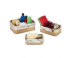 Relaxdays Almacenamiento Set de 3, Pongotodos 3 TamaÃ±os, BambÃº y PoliÃ©ster, Cestas Apilables BaÃ±o, Natural y Crema