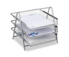 Relaxdays Bandeja de documentos de metal, bandeja para cartas con 3 compartimentos, bandeja de escritorio con diseÃ±o de malla para documentos A4, plateada, 35,5 x 29,5 x 27 cm