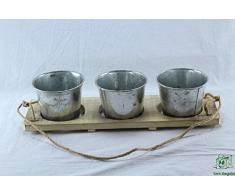 DRW - Set de 3 maceteros de Metal sobre una Base de Madera en Color Natural para Colgar del Techo o Pared