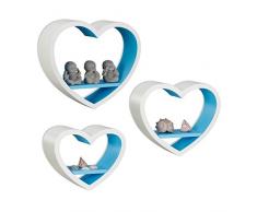 Relaxdays Juego de Estantes Flotantes en Forma de Corazón, Madera MDF, Blanco y Azul, 10x40x33 cm, 3 Unidades