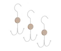 Relaxdays Juego de 3 Soportes para cinturón, 2 Ganchos para Cinturones, Bolsos, Corbatas, Organizador de Cinturones, Armario de Metal y Madera, Color Blanco