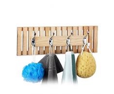 Relaxdays Perchero Pared con 4 Ganchos Dobles, Madera Nogal, Color Natural, 14 x 42 x 8,5 cm