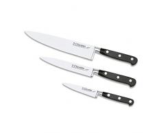 3 Claveles 28007 Set Cuchillos Cocina: Verduras 9cm + Santoku 18cm + Cocinero 20cm, LÃnea Toledo, Acero Inoxidable, Plata