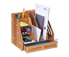 Relaxdays Organizador Escritorio 3 Compartimentos A4, 3 Baldas, 2 Portalápices, 1 Cajón, Oficina, MDF, Marrón Oscuro, 100% Tablero de Fibra, 29,5 x 33 x 24 cm